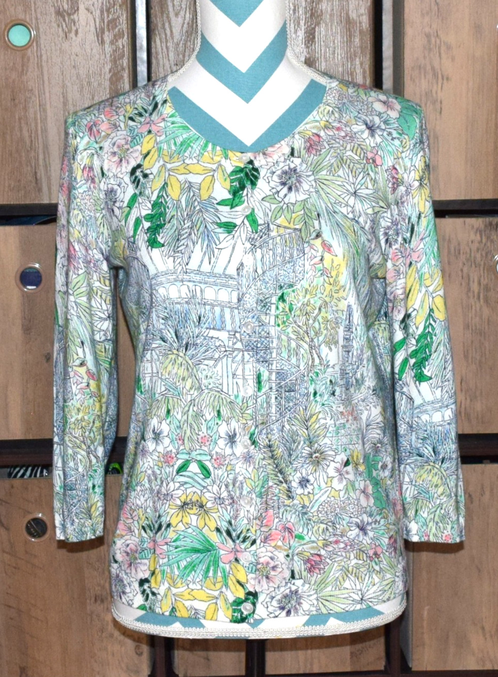 Talbots White Colorful Botanical Gardens Floral 3/4 Sleeve Pollover Sweater MP